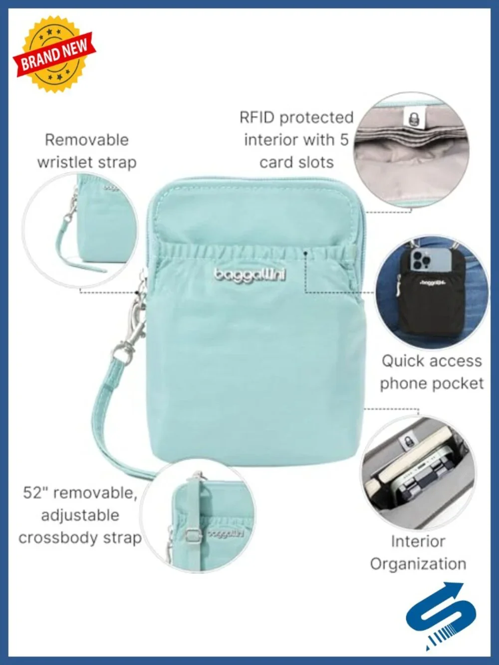 RFID Blocking Nylon Convertible Crossbody Pouch with Adjustable Strap